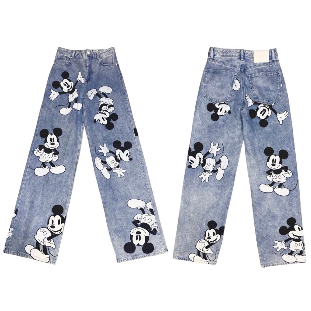 Bershka x Disney Mickey Mouse Straight Leg Jeans Size 4 Light Wash Graphic Denim